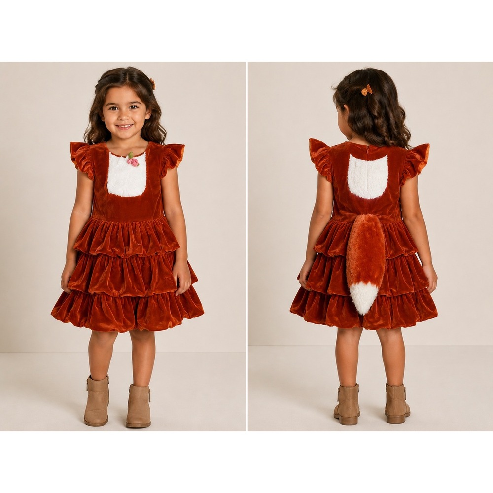 Walmart Fox Costume Dress Velvet Ruffle Tiered Rust Orange Girls 3-4 t dress up